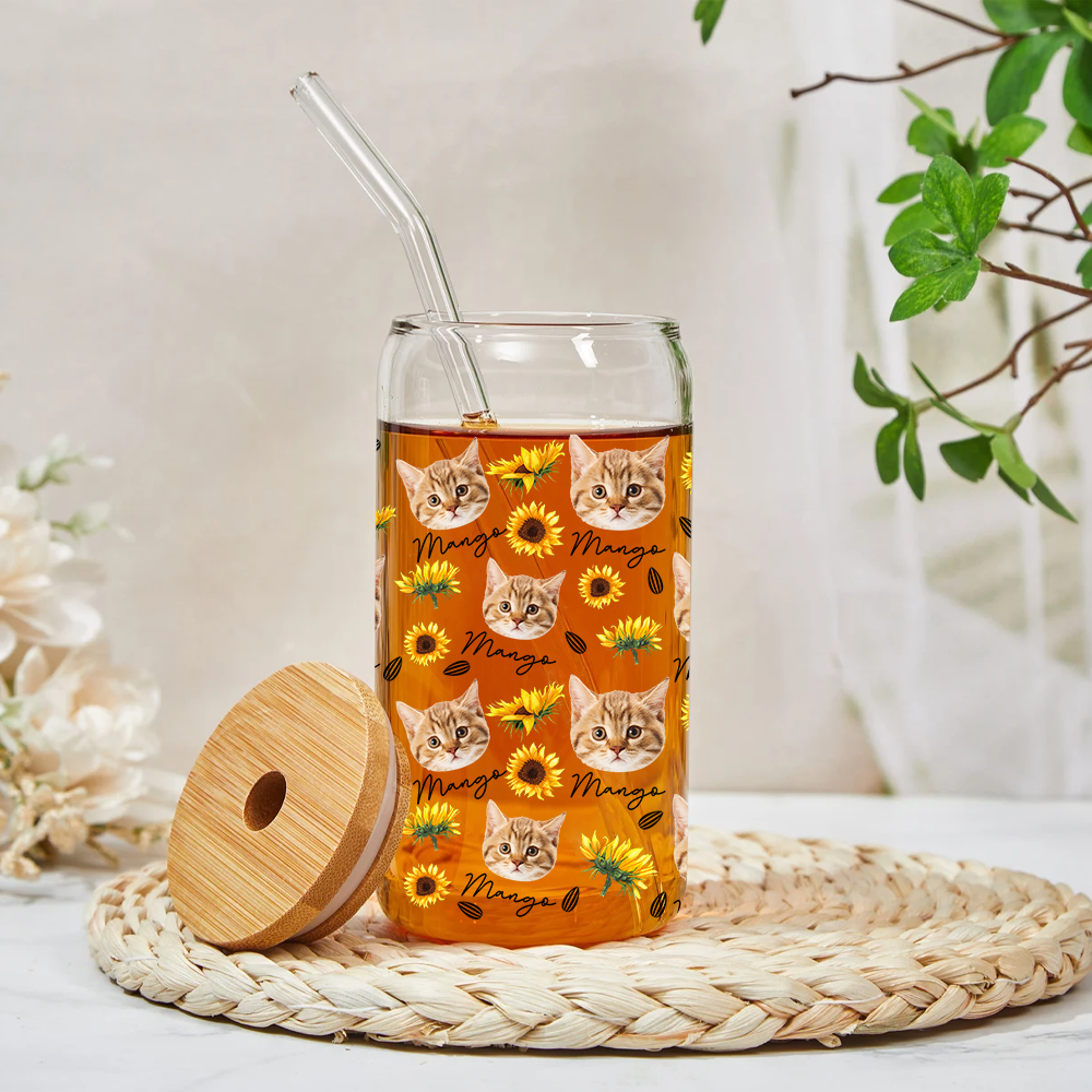 Custom Sunflower Upload Face Dog Cat Glass Can With Lid & Straw, Pet Lover Gift