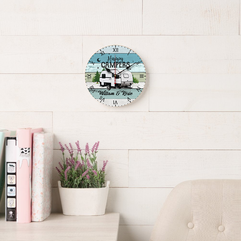 Custom RV Photo Happy Campers Camping Wall Wooden Clock, Gift For Camper