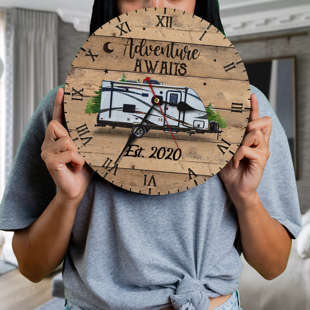 Custom RV Photo Happy Campers Camping Wall Wooden Clock, Gift For Camper