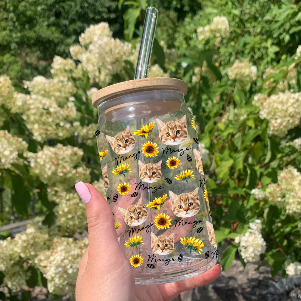 Custom Sunflower Upload Face Dog Cat Glass Can With Lid & Straw, Pet Lover Gift