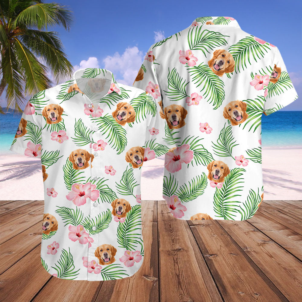 Custom Pet Face Photo White Hawaiian Shirt, Palm Leaves