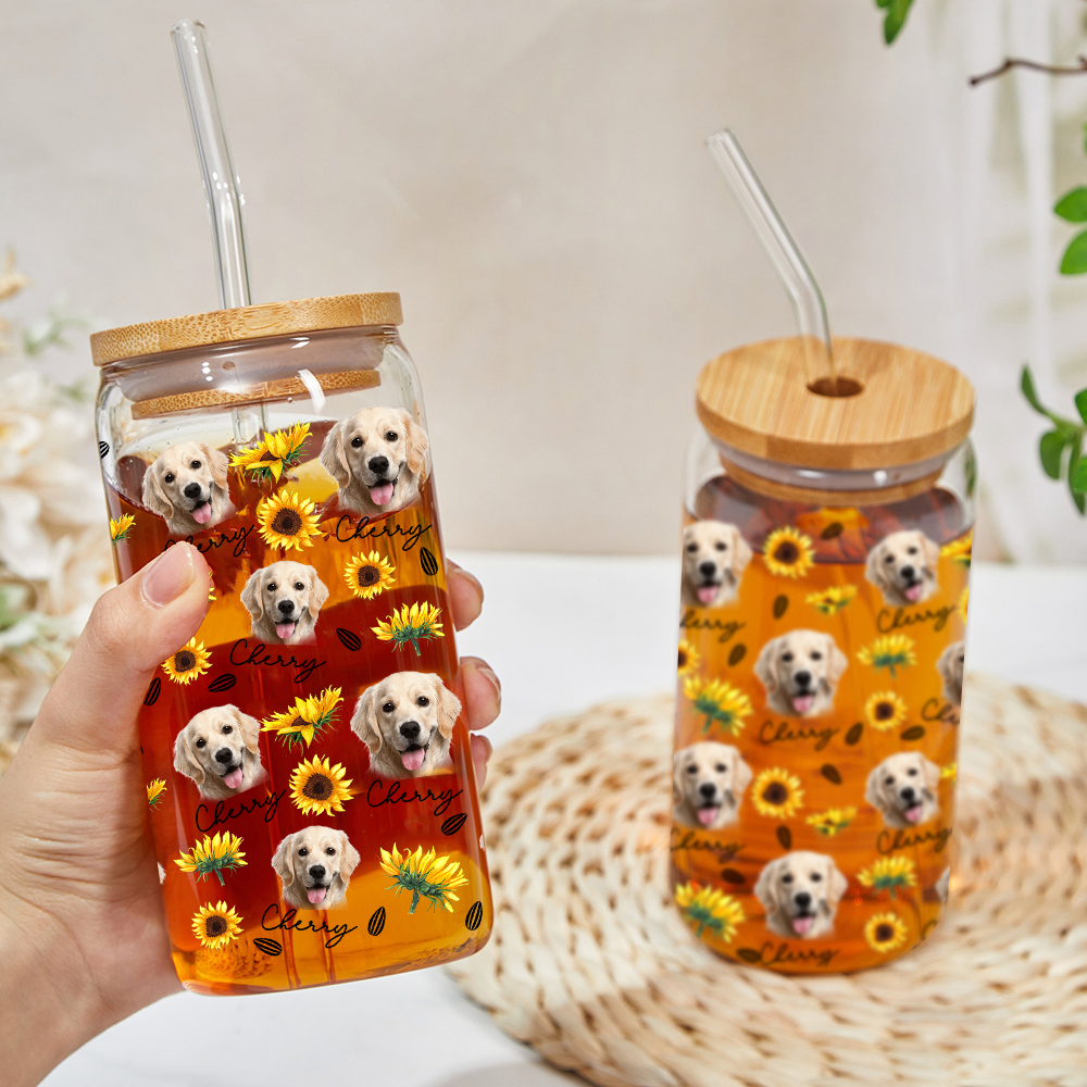 Custom Sunflower Upload Face Dog Cat Glass Can With Lid & Straw, Pet Lover Gift