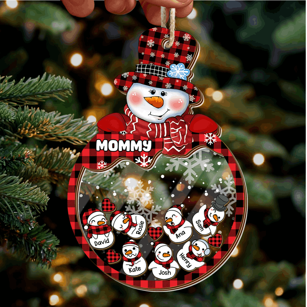 Personalized Shaker Ornament - Christmas Gift For Grandma - Multicolor Grandma Mom Snowman And Kids