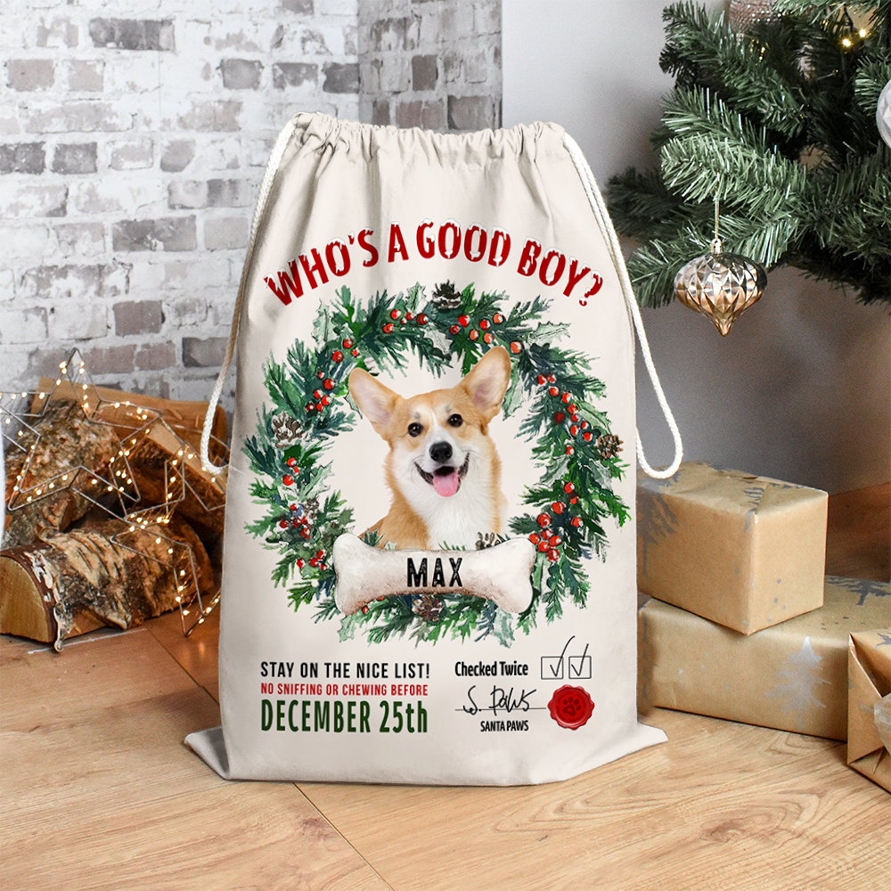 Custom Dog Photo & Bone With Wreath Santa Sack, Christmas Gift