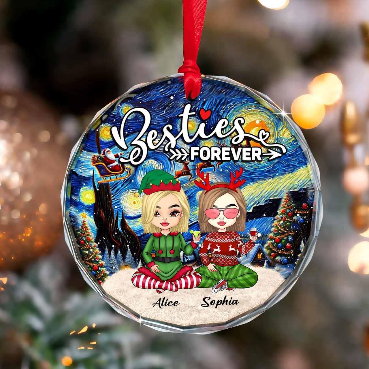 Personalized Ceramic Ornament - Christmas Gift For Besties - Sun Catcher Style Besties Forever