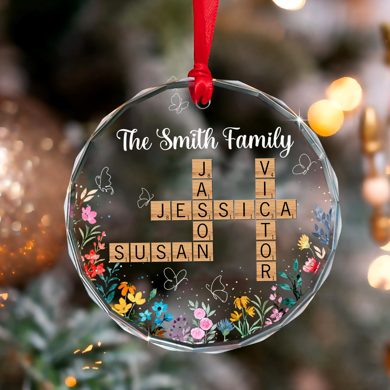 Personalized Glass Ornament - Gift For Family-  Crosswords Family Floral Keepsake