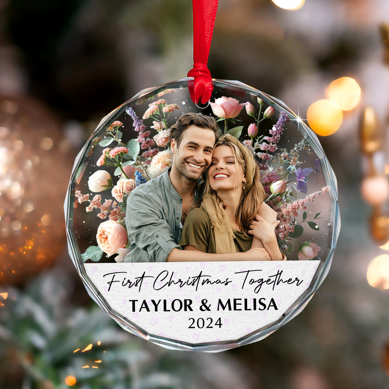 Personalized Glass Ornament - Gift For Couple -  First Christmas Together Floral Couple Photo