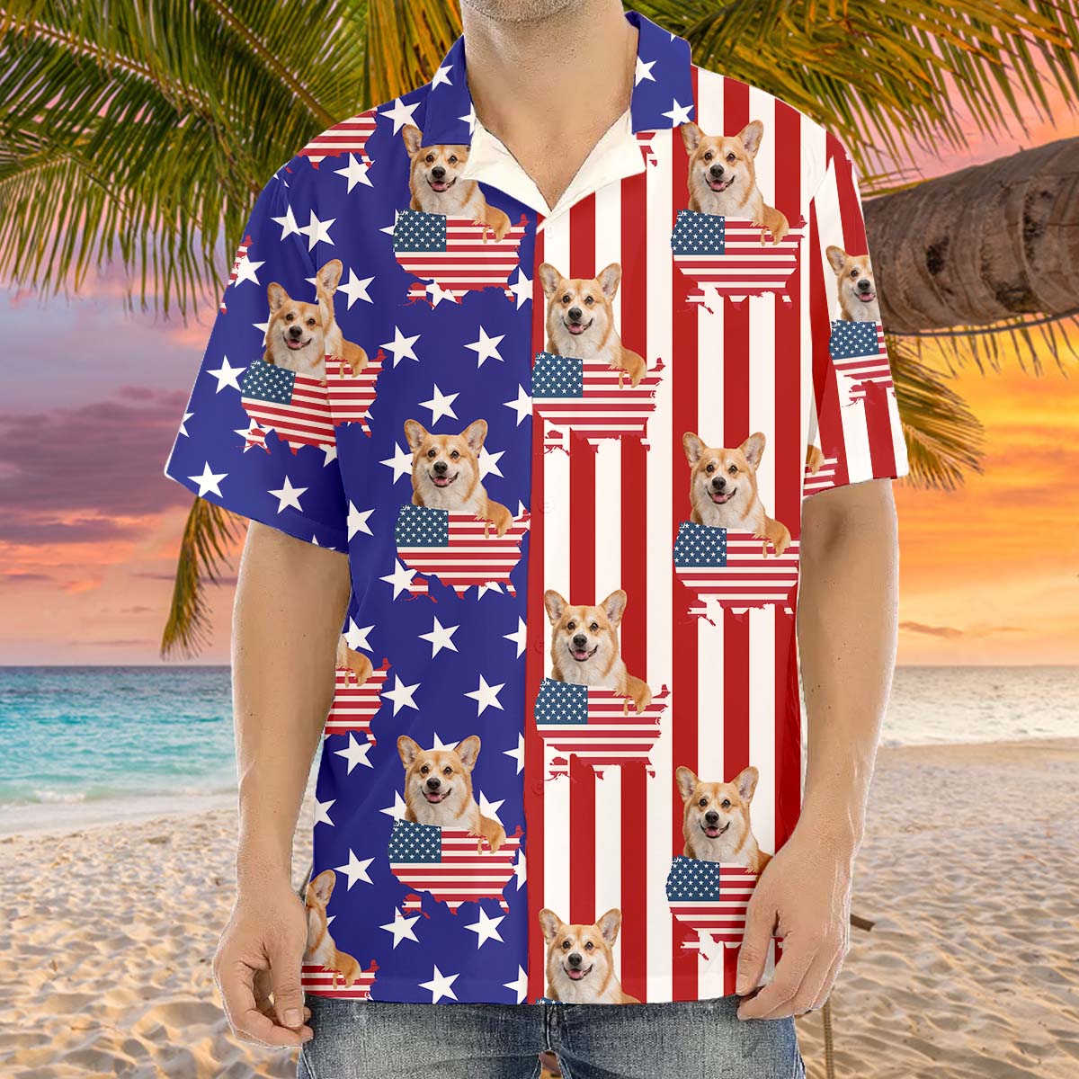 Personalized American Flag Face Photo Hawaiian Shirt, Summer Gift For Dog Cat Lovers