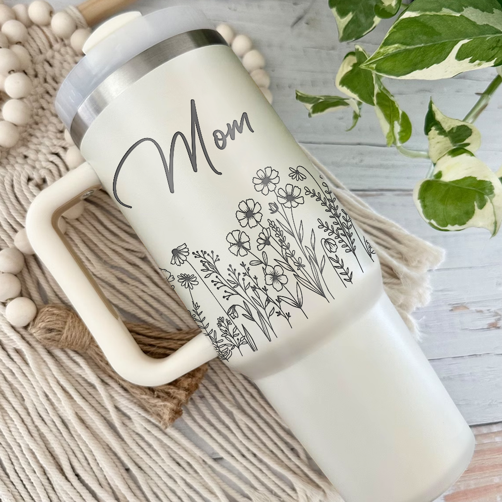 Personalized Insulated Engraved 40oz Tumbler - Mother's Day Gift - Floral Butterflies Mom And Kids