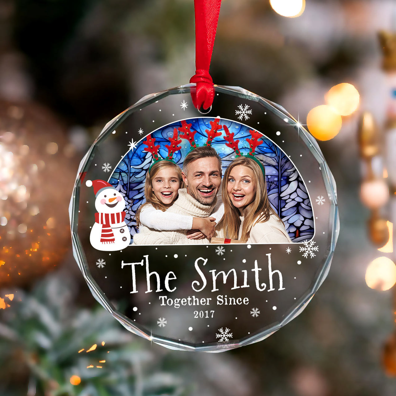 Personalized Christmas Decorative Glass Ornament - Gift For Family - Suncatcher Christmas Family Photo