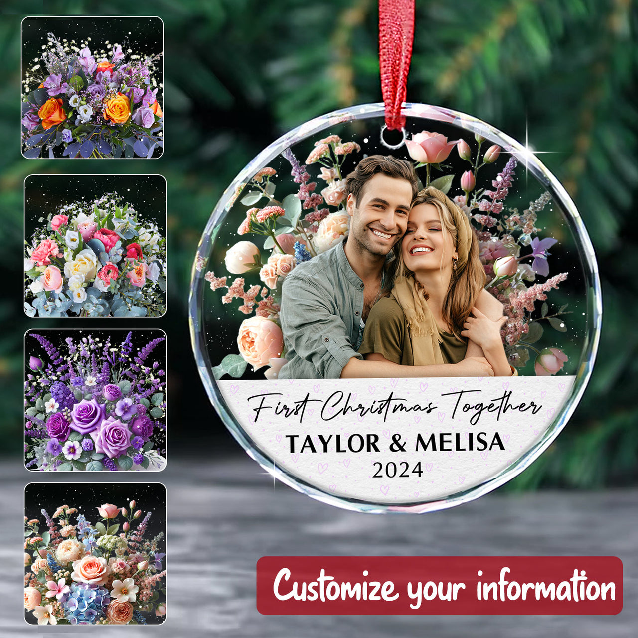 Personalized Glass Ornament - Gift For Couple -  First Christmas Together Floral Couple Photo