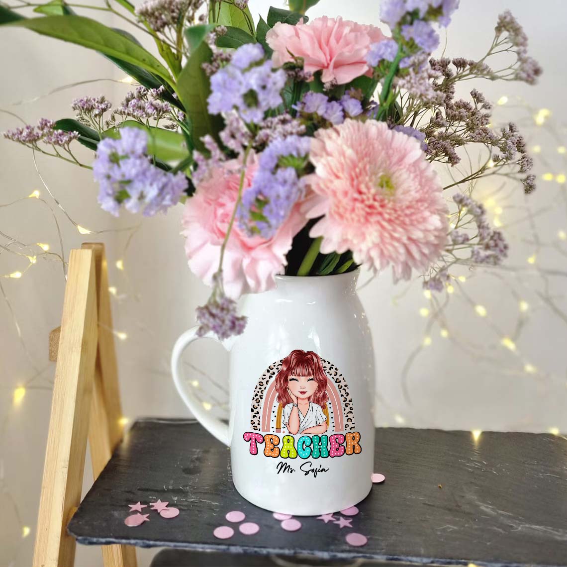 Personalized Teacher Rainbow Ceramic Flower Vase, Appreciation Gift For Teachers