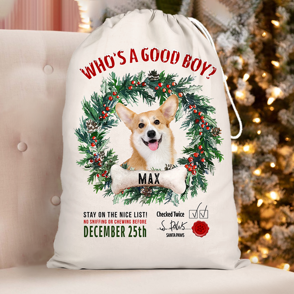 Custom Dog Photo & Bone With Wreath Santa Sack, Christmas Gift