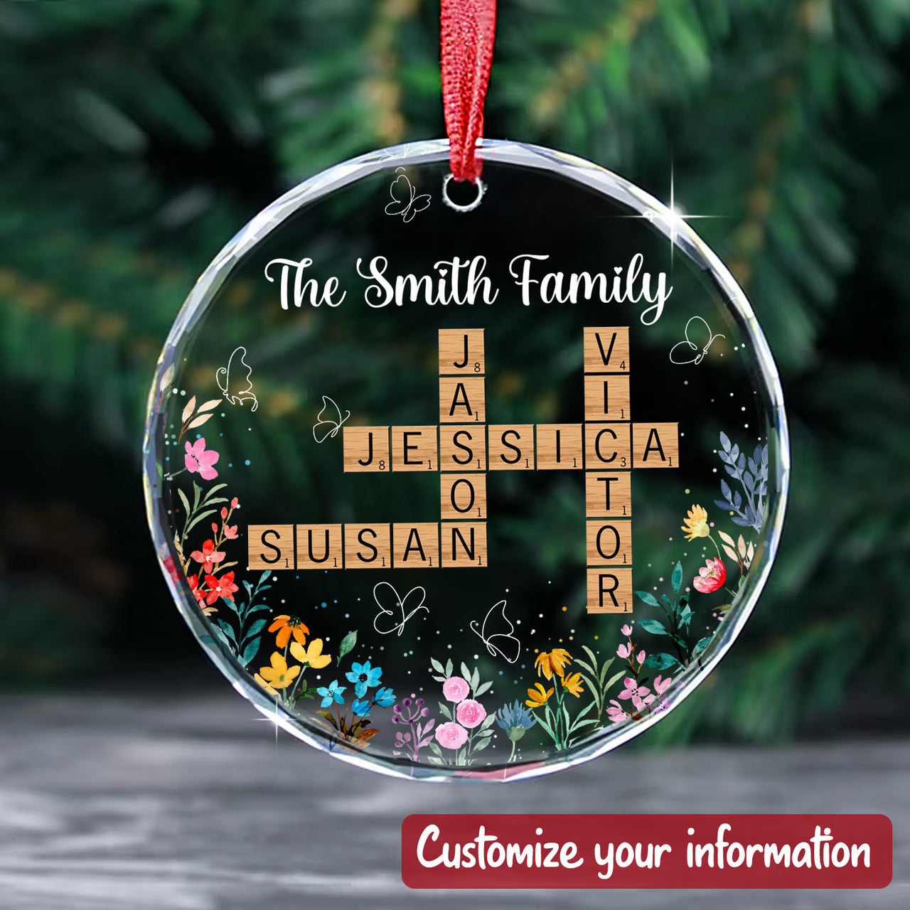 Personalized Glass Ornament - Gift For Family-  Crosswords Family Floral Keepsake