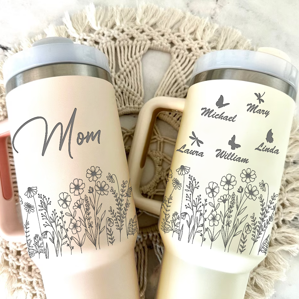 Personalized Insulated Engraved 40oz Tumbler - Mother's Day Gift - Floral Butterflies Mom And Kids