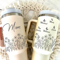 Thumbnail for Personalized Insulated Engraved 40oz Tumbler - Mother's Day Gift - Floral Butterflies Mom And Kids