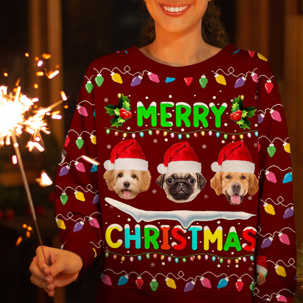 Personalized Ugly Christmas Sweater - Christmas Gift For Pet Lovers - Funny Face Photo Christmas Lights