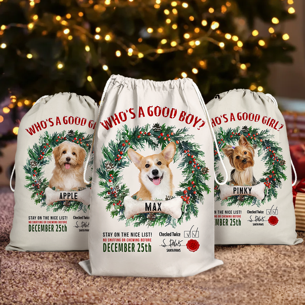 Custom Dog Photo & Bone With Wreath Santa Sack, Christmas Gift