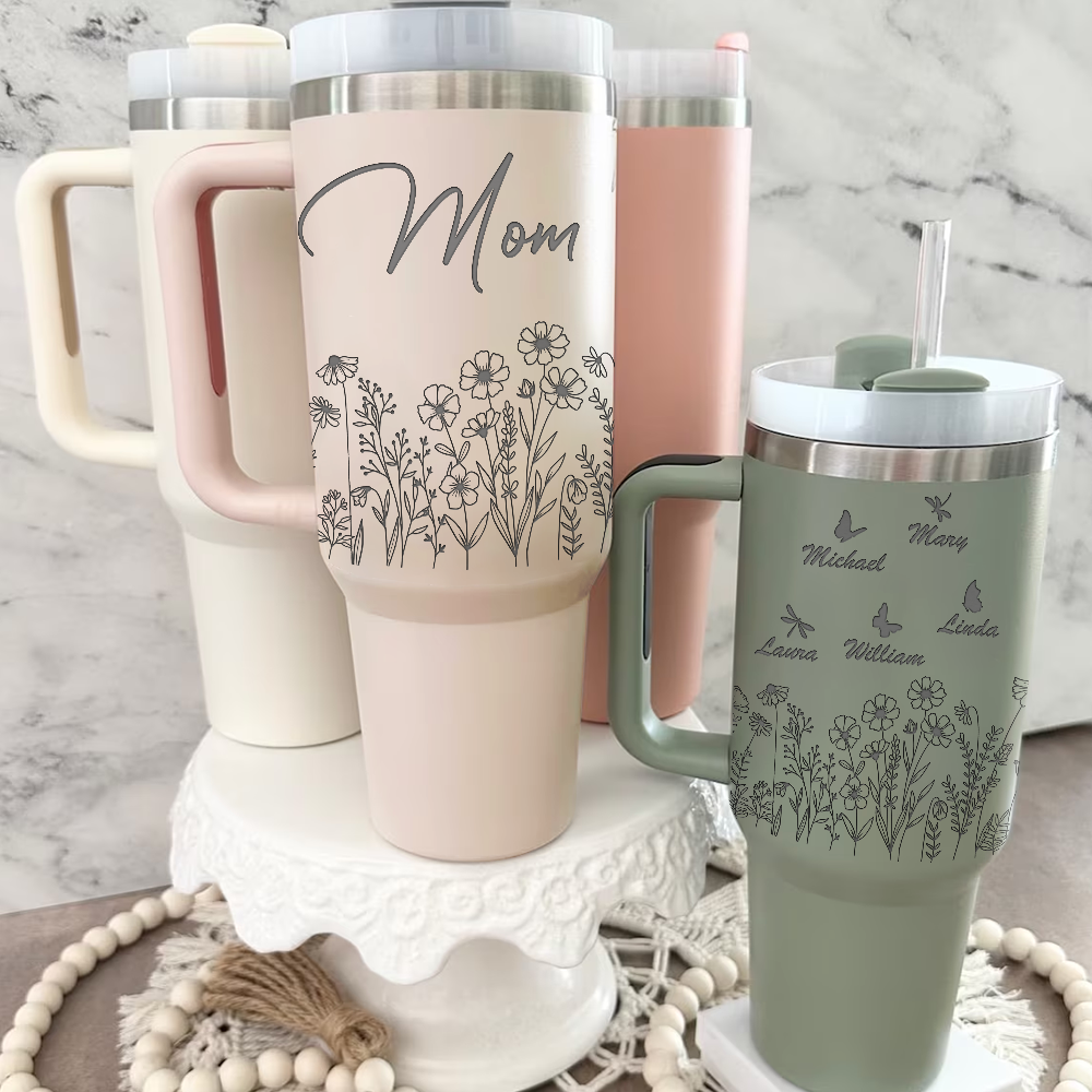 Personalized Insulated Engraved 40oz Tumbler - Mother's Day Gift - Floral Butterflies Mom And Kids