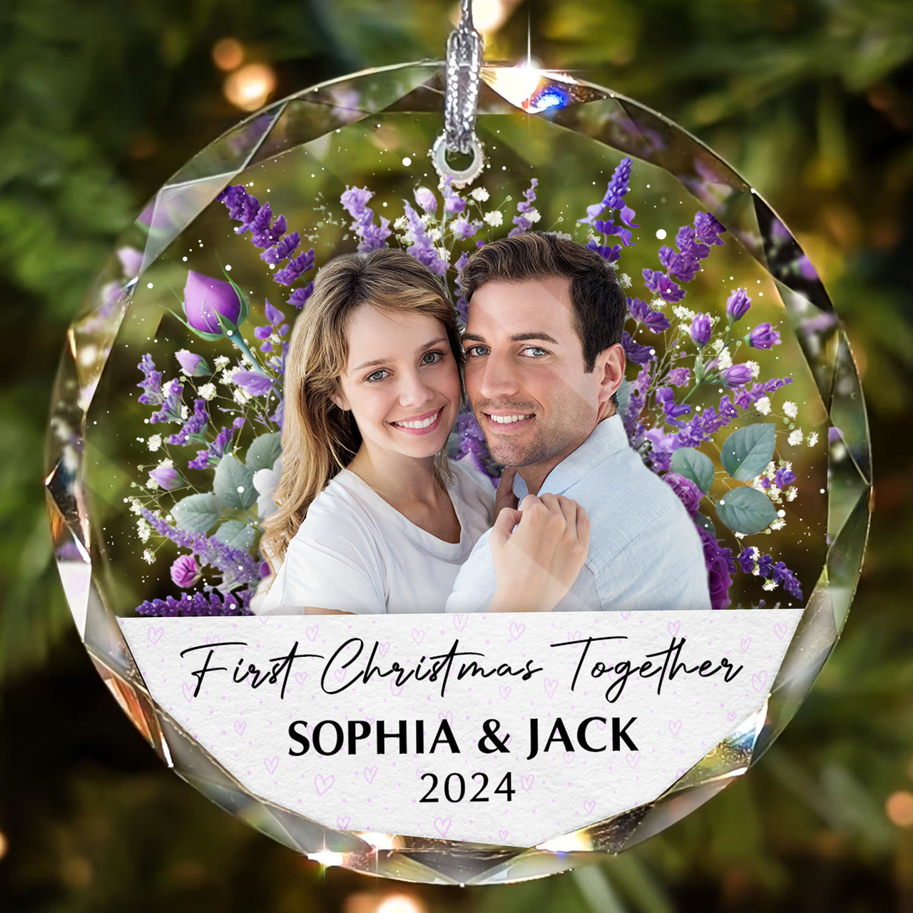 Personalized Glass Ornament - Gift For Couple -  First Christmas Together Floral Couple Photo