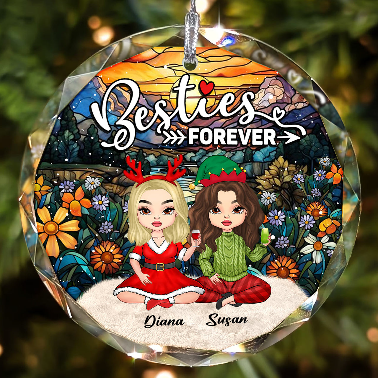 Personalized Ceramic Ornament - Christmas Gift For Besties - Sun Catcher Style Besties Forever