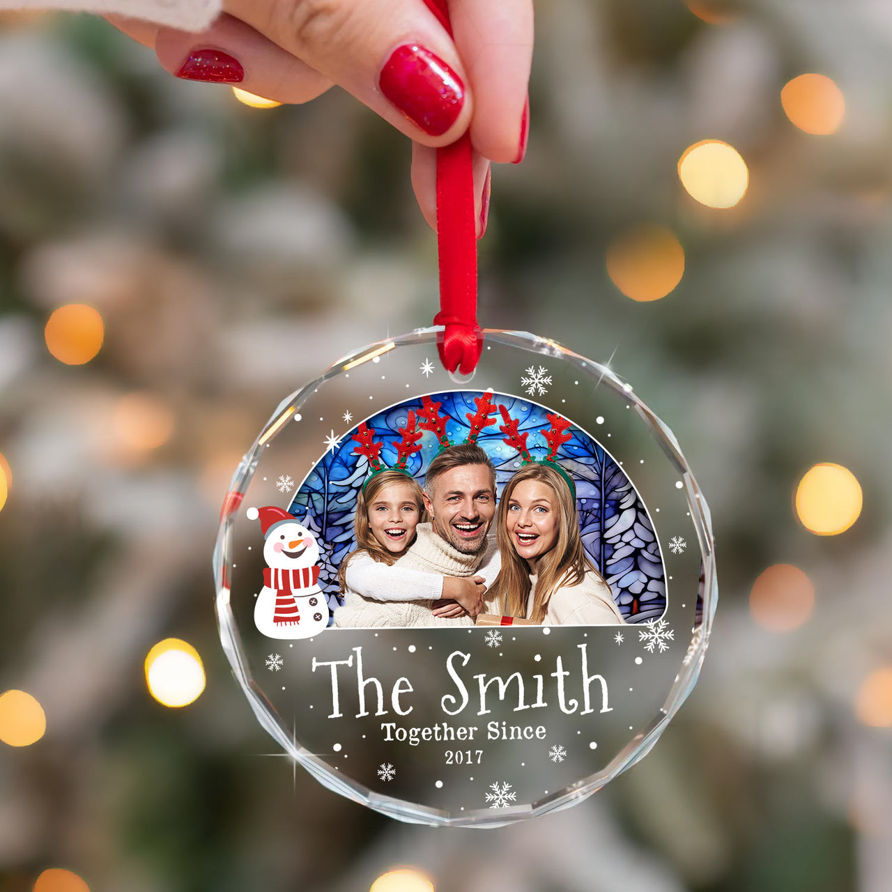 Personalized Christmas Decorative Glass Ornament - Gift For Family - Suncatcher Christmas Family Photo