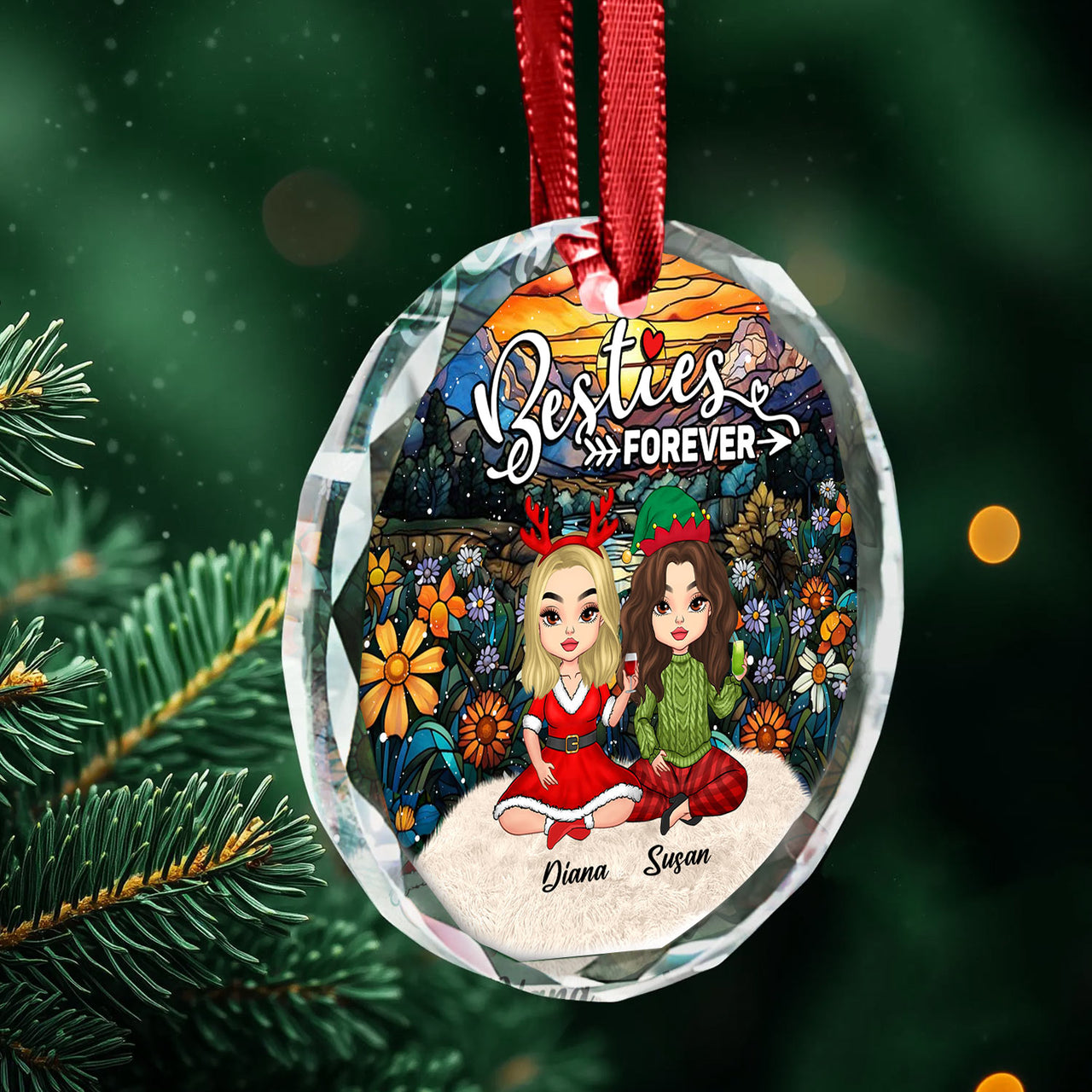 Personalized Ceramic Ornament - Christmas Gift For Besties - Sun Catcher Style Besties Forever