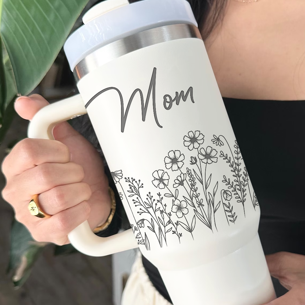 Personalized Insulated Engraved 40oz Tumbler - Mother's Day Gift - Floral Butterflies Mom And Kids