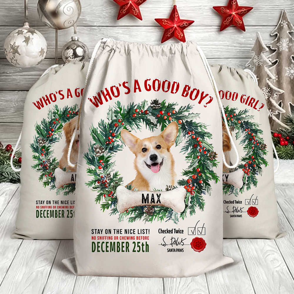 Custom Dog Photo & Bone With Wreath Santa Sack, Christmas Gift