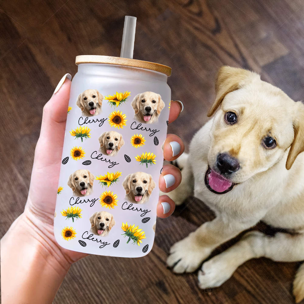 Custom Sunflower Upload Face Dog Cat Glass Can With Lid & Straw, Pet Lover Gift