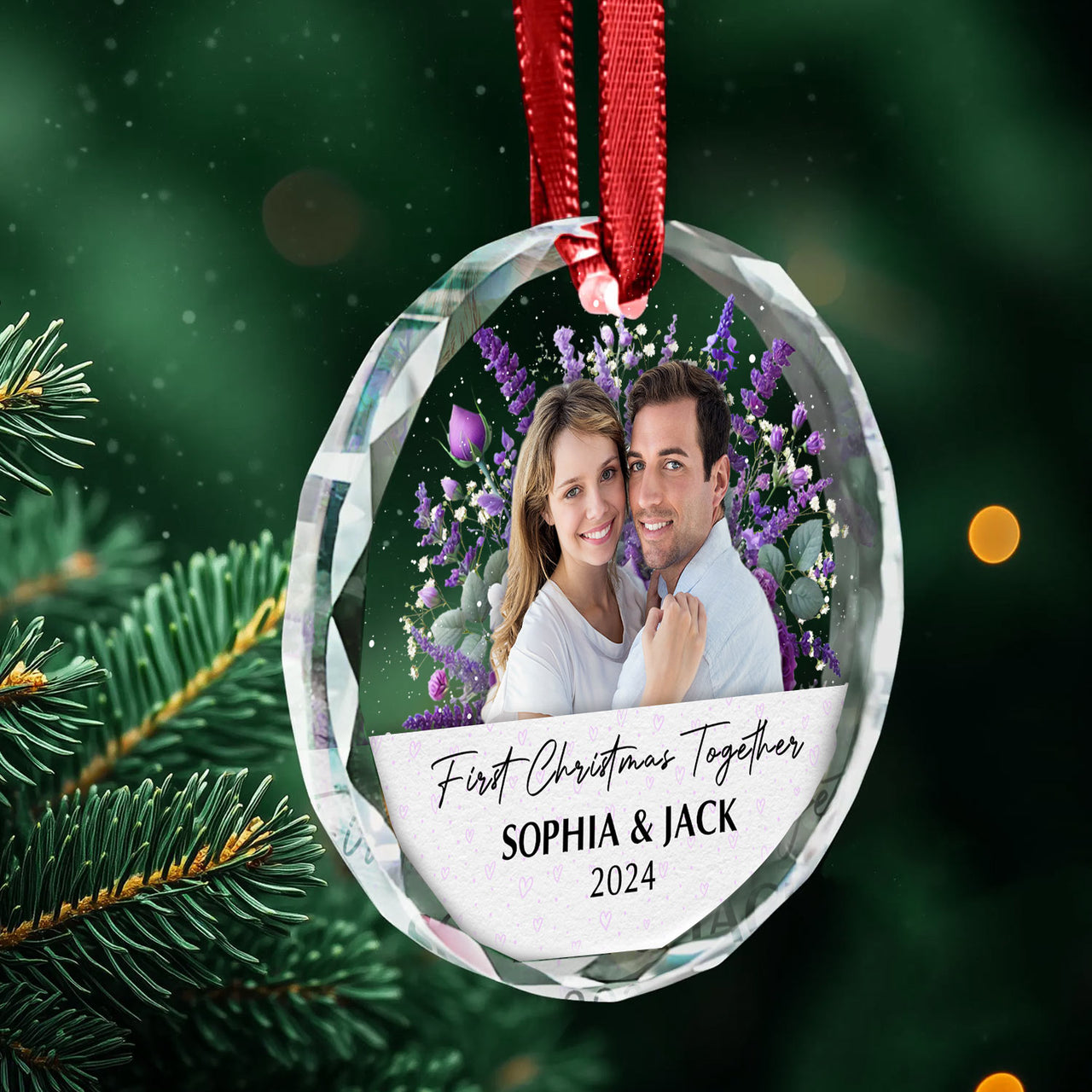 Personalized Glass Ornament - Gift For Couple -  First Christmas Together Floral Couple Photo