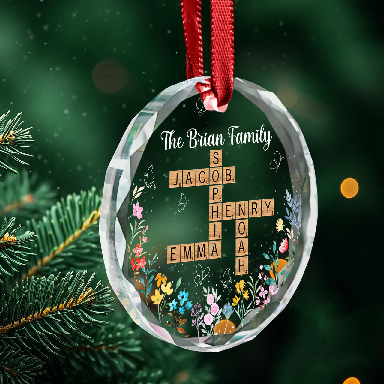 Personalized Glass Ornament - Gift For Family-  Crosswords Family Floral Keepsake