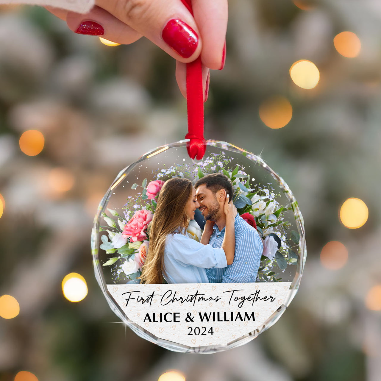 Personalized Glass Ornament - Gift For Couple -  First Christmas Together Floral Couple Photo