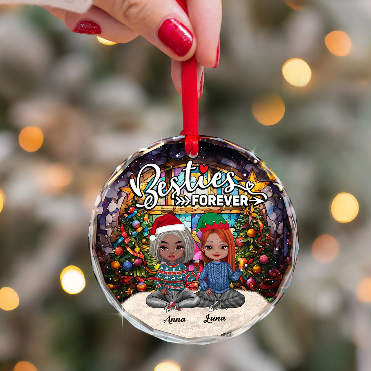 Personalized Ceramic Ornament - Christmas Gift For Besties - Sun Catcher Style Besties Forever