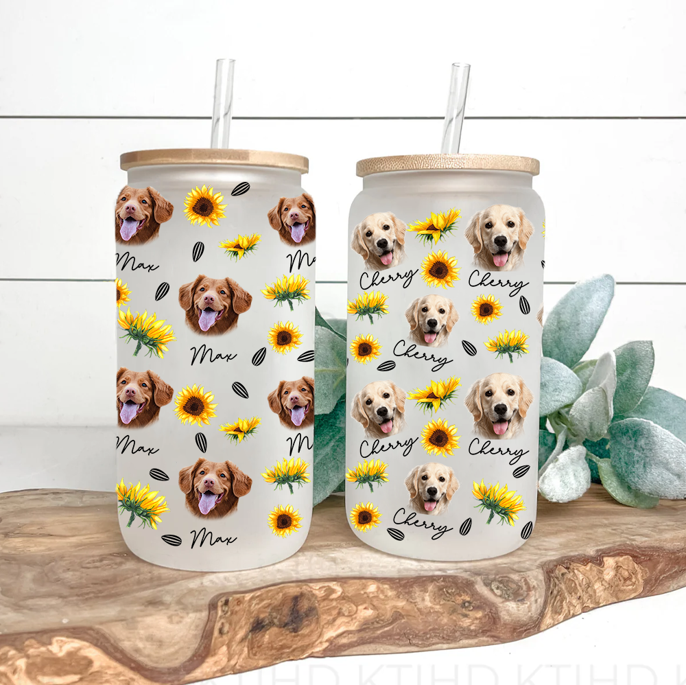 Custom Sunflower Upload Face Dog Cat Glass Can With Lid & Straw, Pet Lover Gift