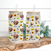 Thumbnail for Custom Sunflower Upload Face Dog Cat Glass Can With Lid & Straw, Pet Lover Gift