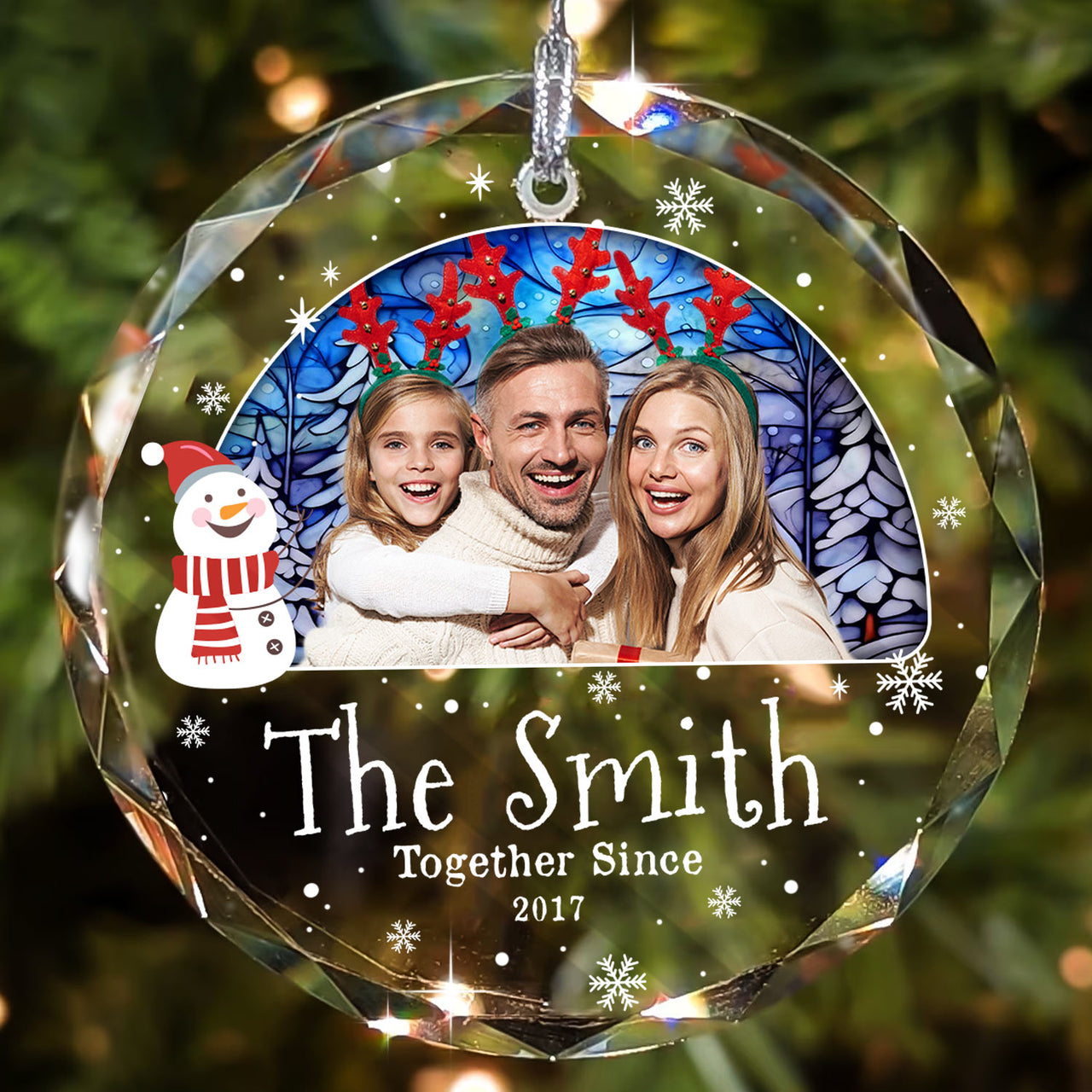 Personalized Christmas Decorative Glass Ornament - Gift For Family - Suncatcher Christmas Family Photo