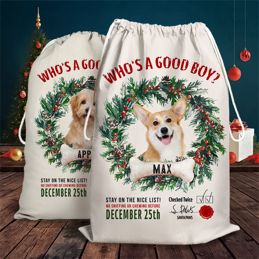 Custom Dog Photo & Bone With Wreath Santa Sack, Christmas Gift