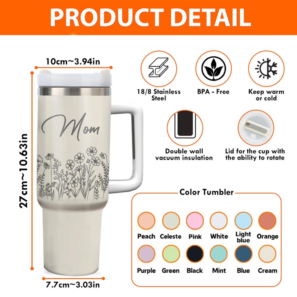 Personalized Insulated Engraved 40oz Tumbler - Mother's Day Gift - Floral Butterflies Mom And Kids