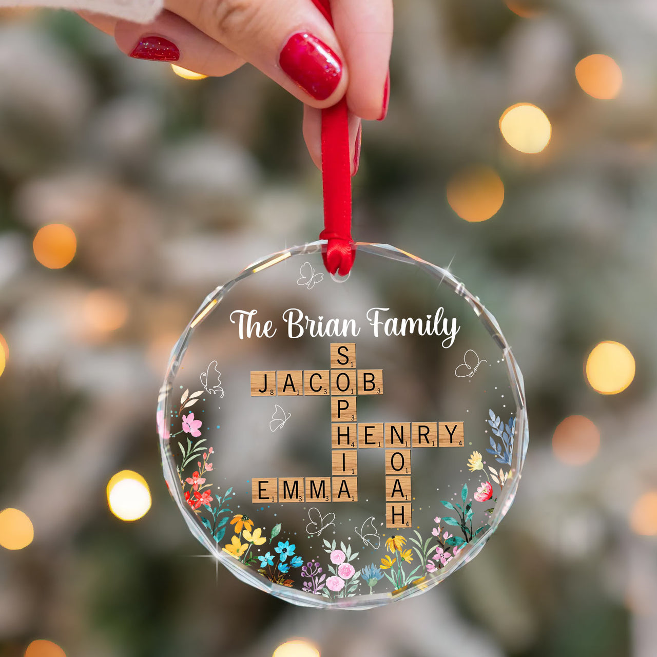 Personalized Glass Ornament - Gift For Family-  Crosswords Family Floral Keepsake