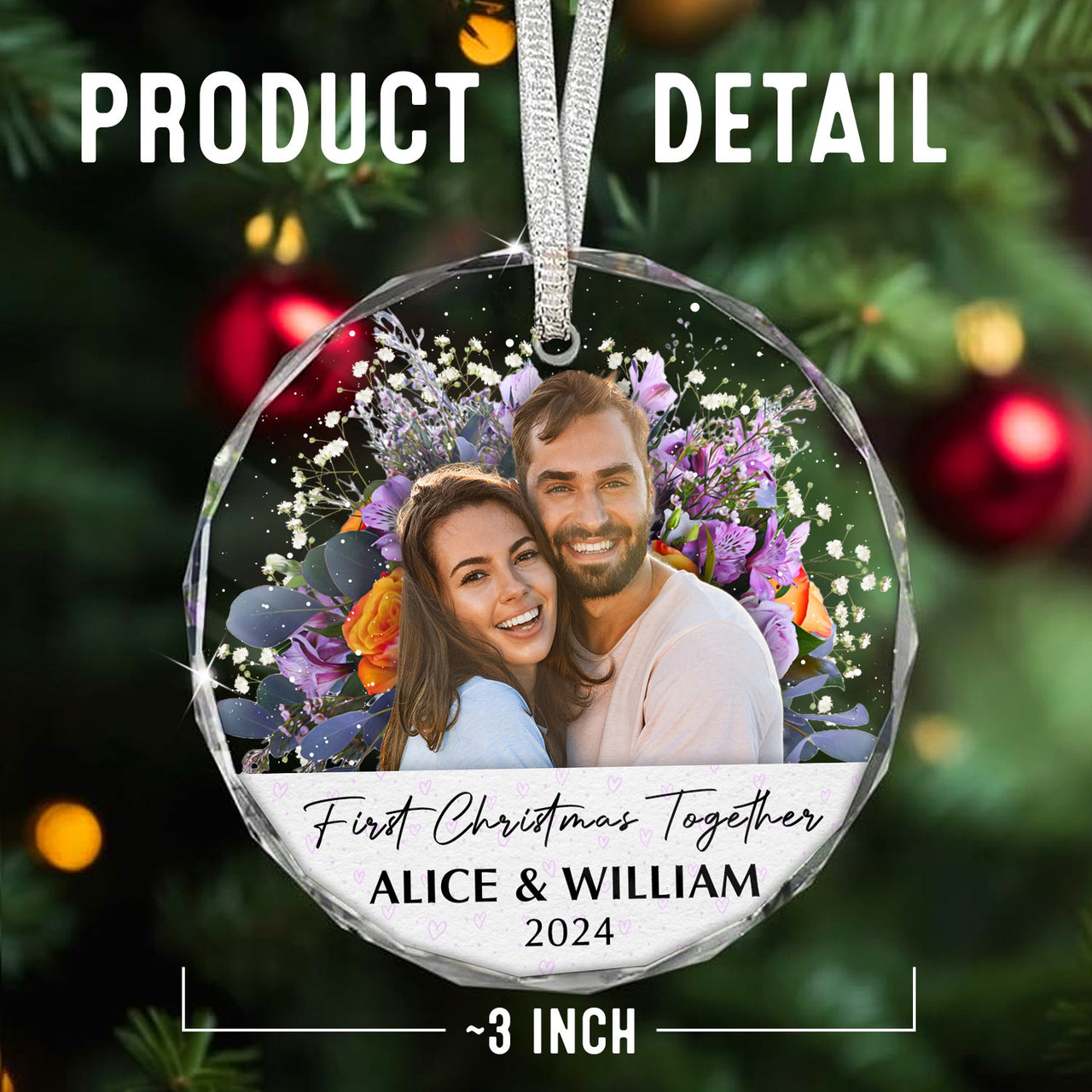 Personalized Glass Ornament - Gift For Couple -  First Christmas Together Floral Couple Photo