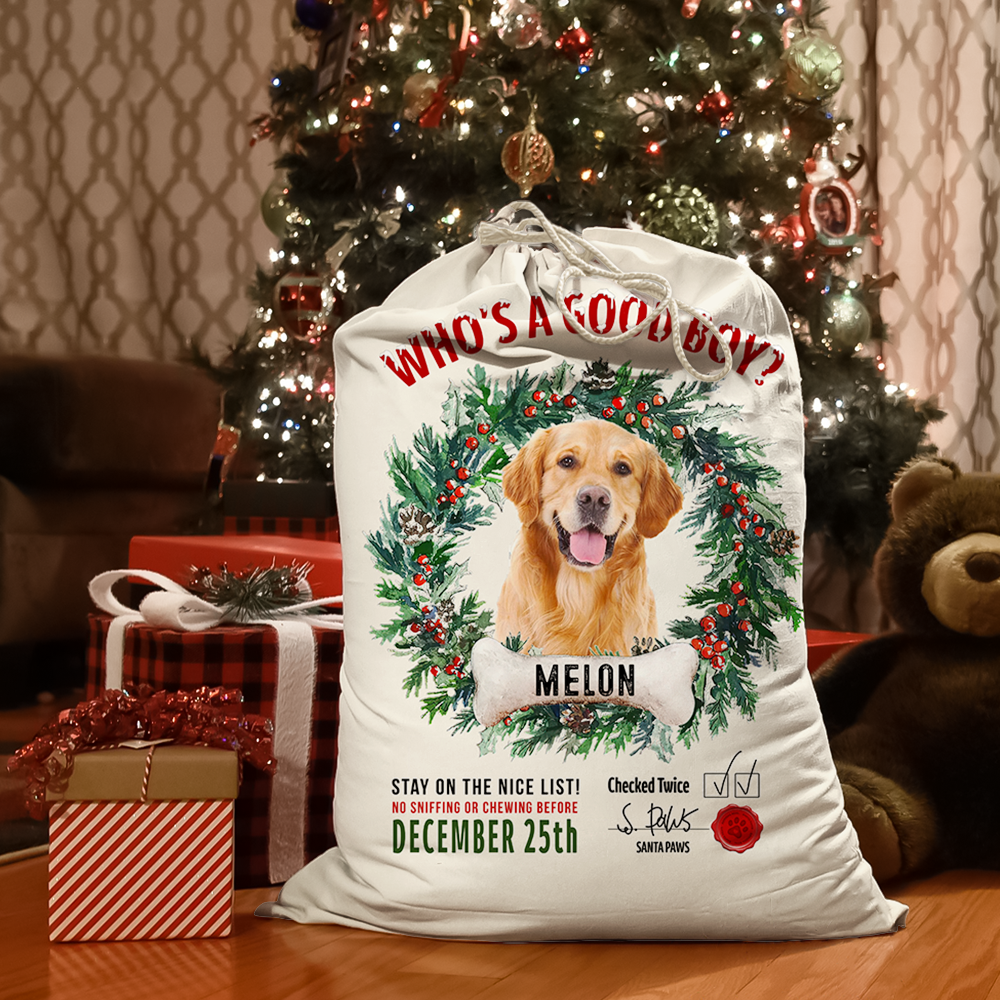 Custom Dog Photo & Bone With Wreath Santa Sack, Christmas Gift