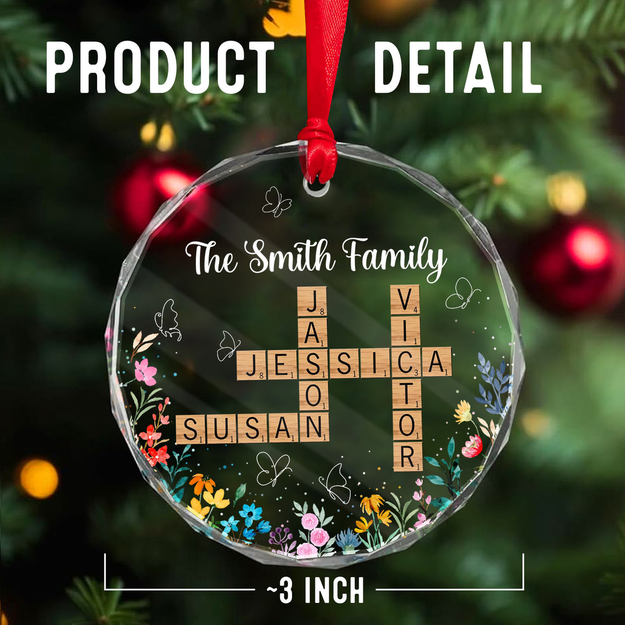 Personalized Glass Ornament - Gift For Family-  Crosswords Family Floral Keepsake