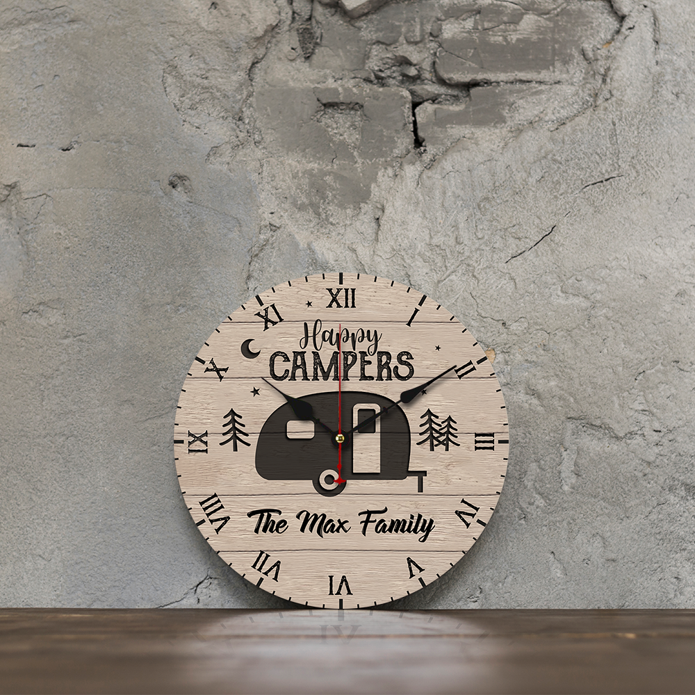 Custom Happy Campers Camping Wall Wooden Clock, Gift For Camper