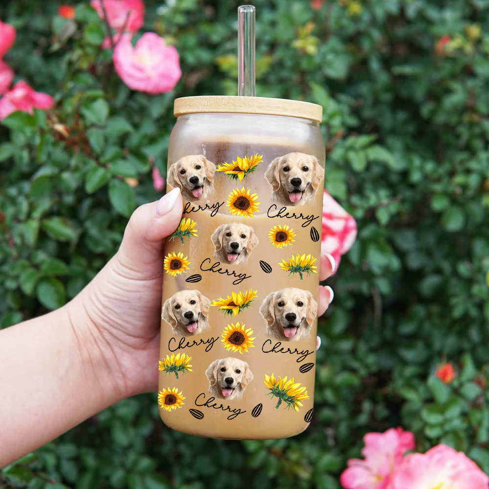 Custom Sunflower Upload Face Dog Cat Glass Can With Lid & Straw, Pet Lover Gift