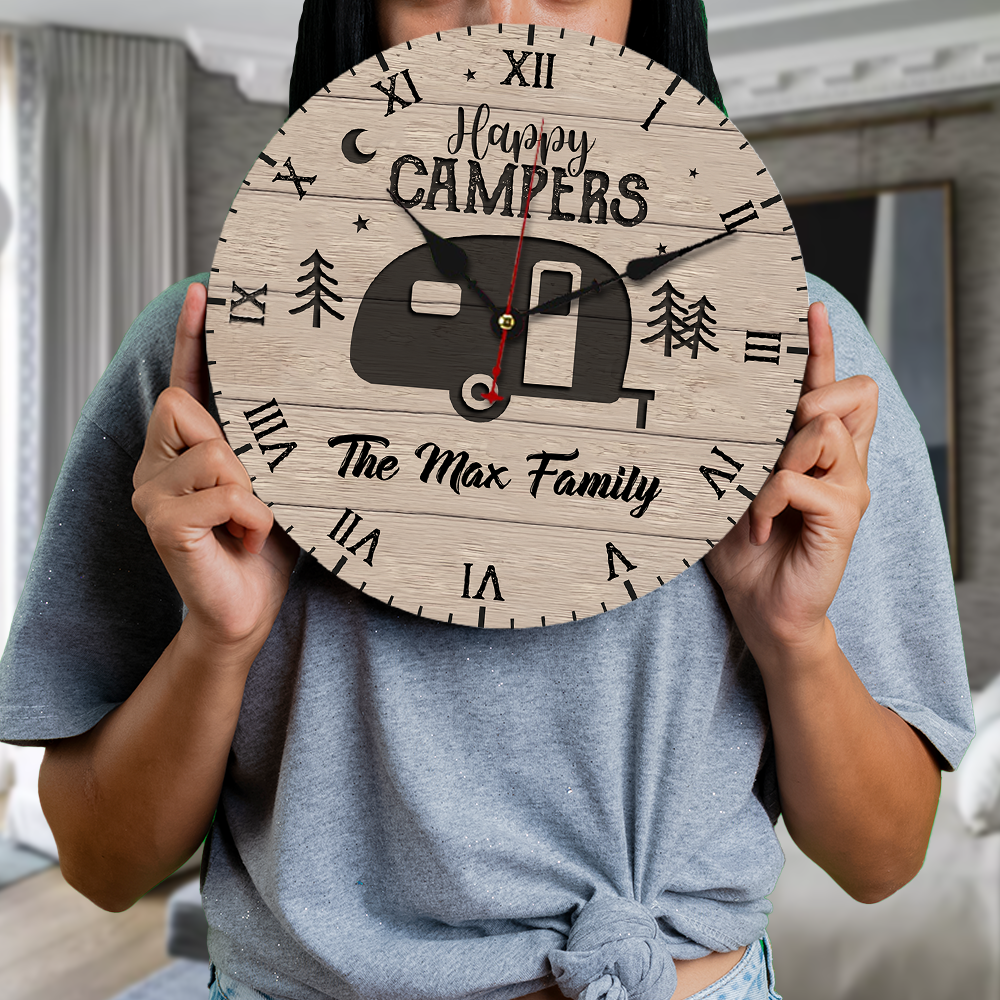 Custom Happy Campers Camping Wall Wooden Clock, Gift For Camper