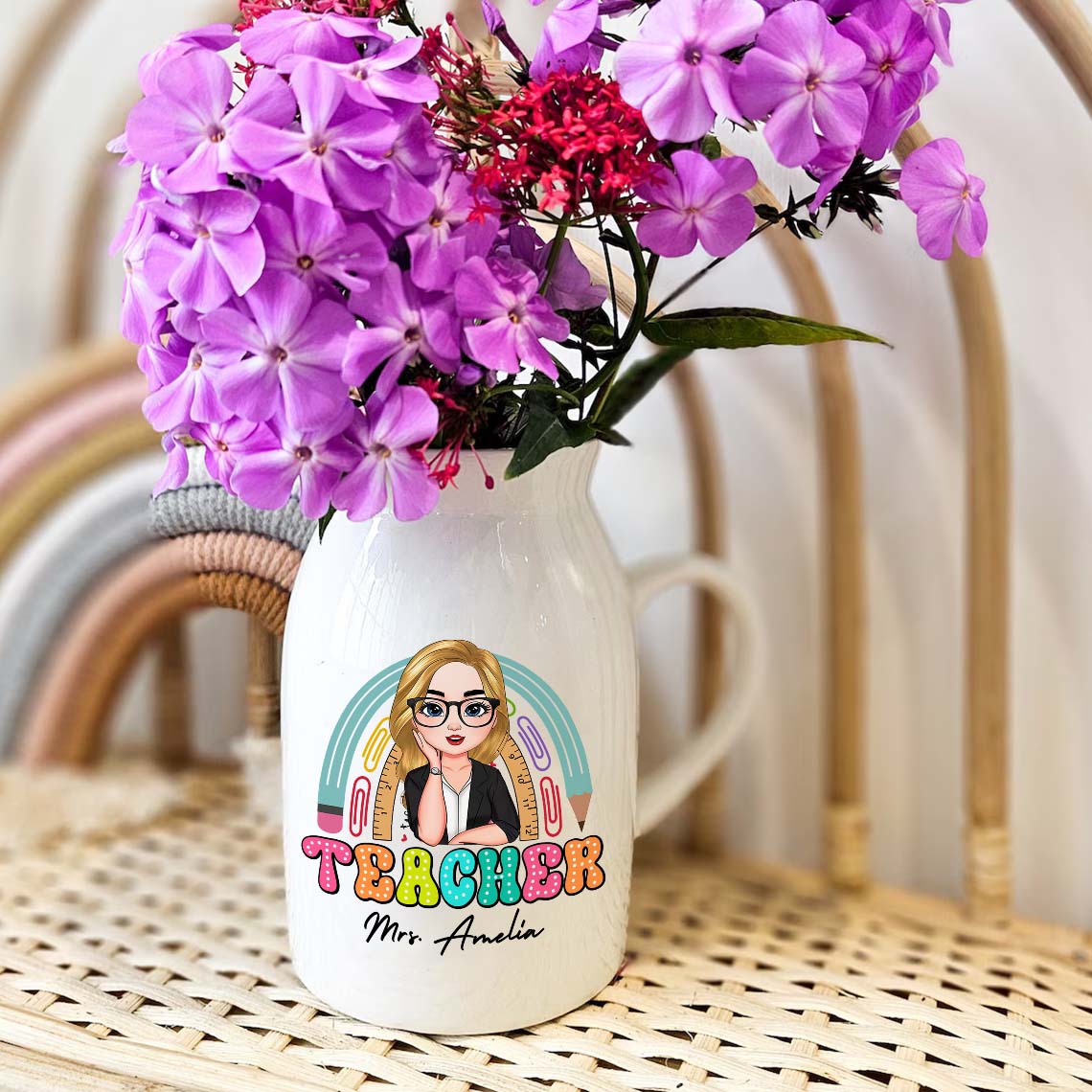 Personalized Teacher Rainbow Ceramic Flower Vase, Appreciation Gift For Teachers