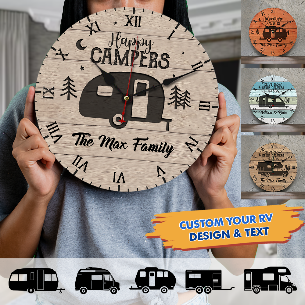 Custom Happy Campers Camping Wall Wooden Clock, Gift For Camper