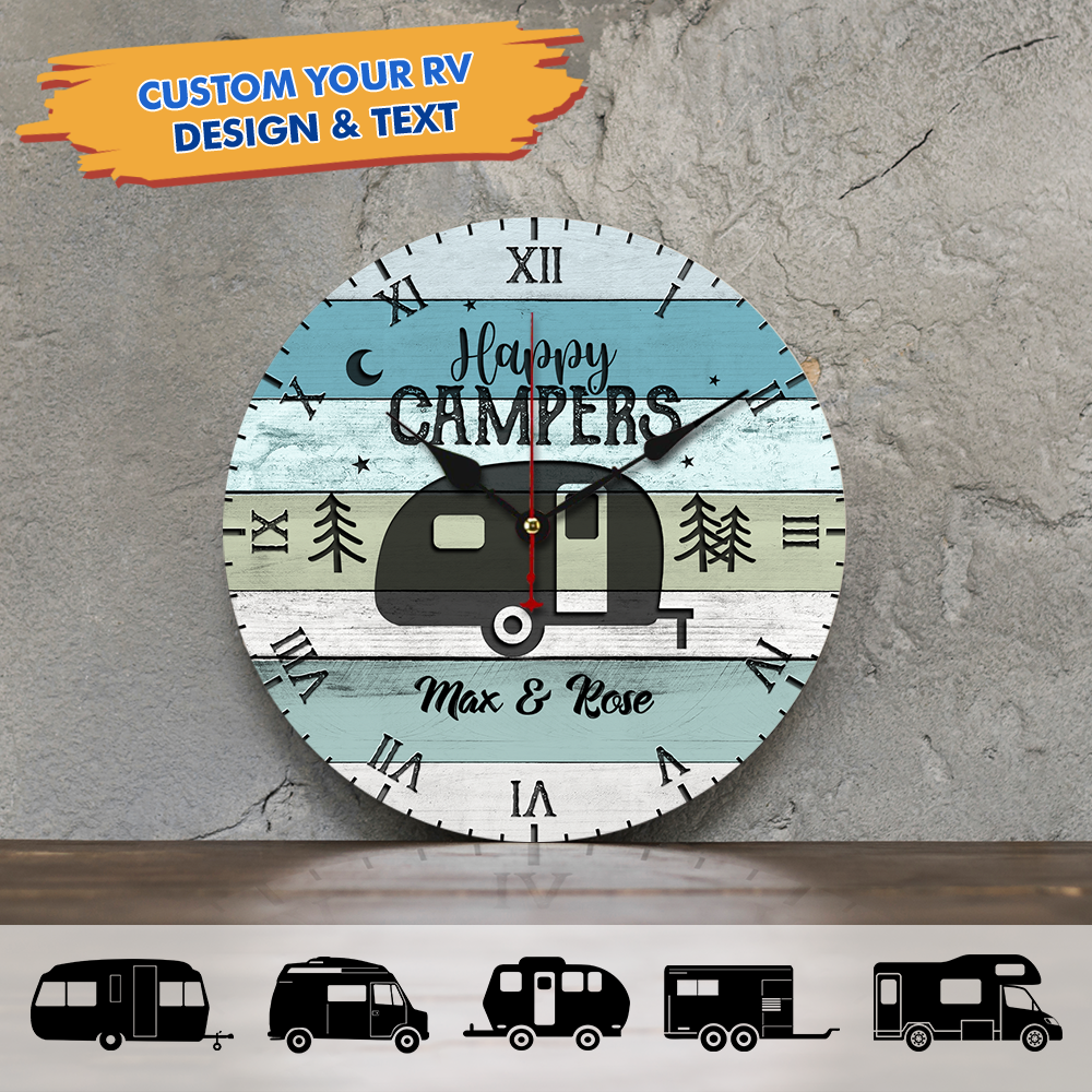 Custom Happy Campers Camping Wall Wooden Clock, Gift For Camper