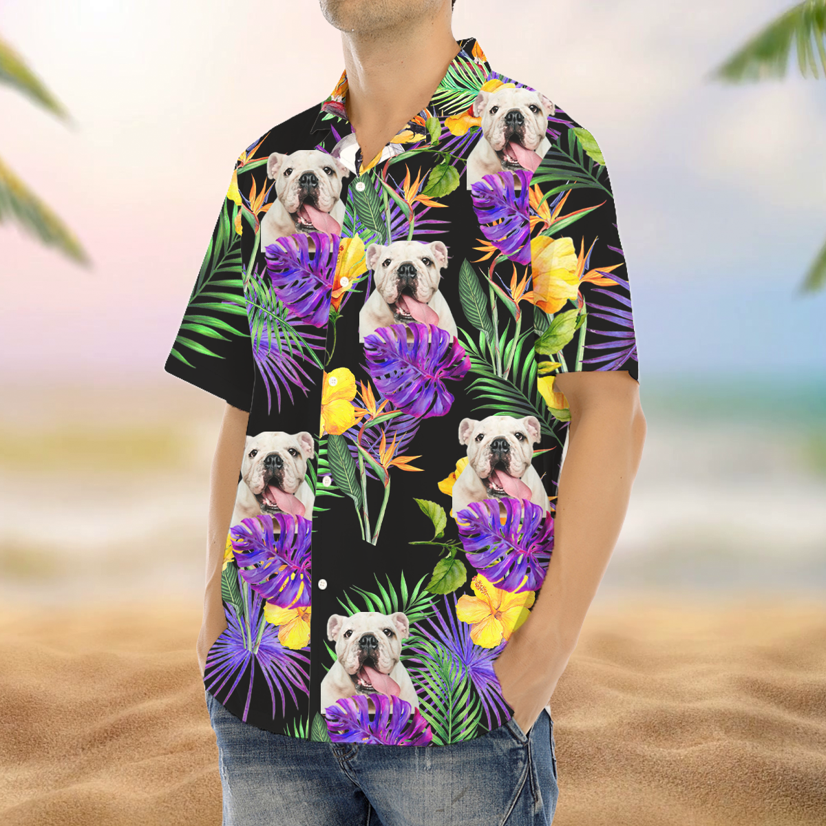 Custom Purple Palm Leaves Dog Men's Hawaiian Shirt, Dog Lover Gift